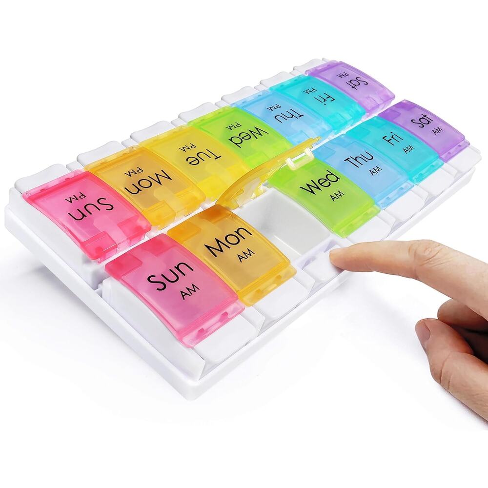 Daily Pill Organizer, AM PM 7 Day Easy Push Button Medications Supplements ~ NEW